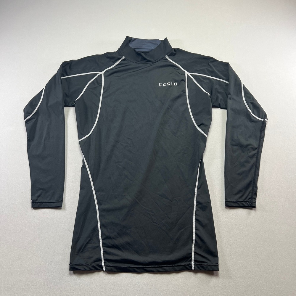 Tesla Athletic Compression Shirt Men Large Black Hyper Dri Mock Neck Long Sleeve